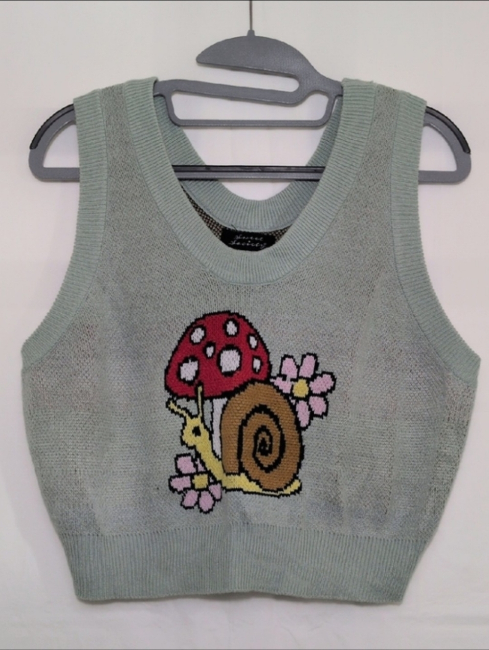 Sage Green Knit Crop Sweater Vest with Snail & Mushroom Motif
